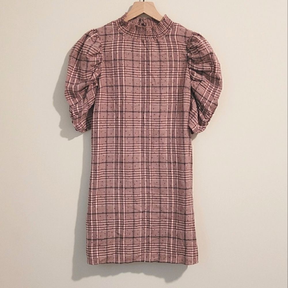 GB Gianni Bini Pink Plaid High Neck Puff Sleeve Dress Size Small